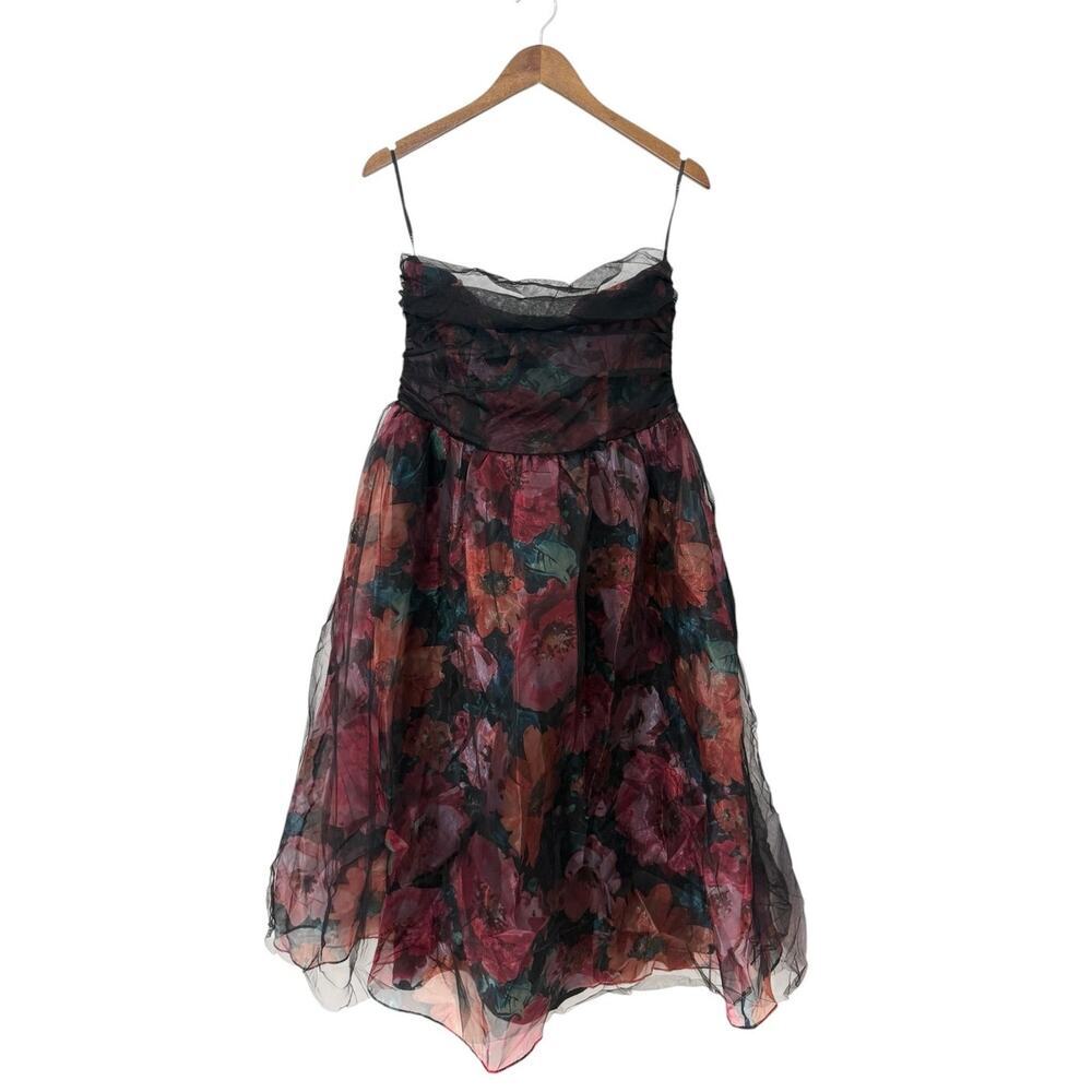 Lulus Splendidly Yours Black Floral Organza Mesh Strapless Midi Dress size L NWT - Picture 2 of 6